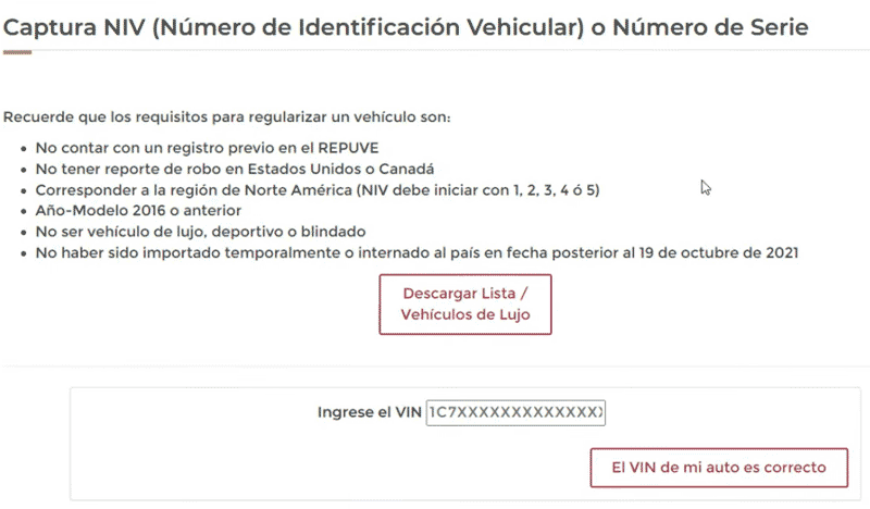 Llenar el NIV o número de serie del auto que queremos legalizar